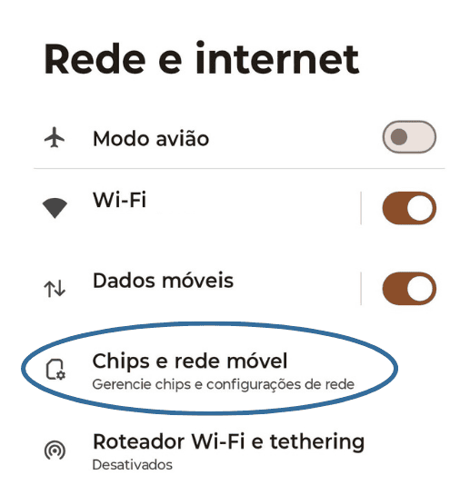Captura de tela da aba "Rede e Internet", mostrando o campo de "Chips e rede móvel"