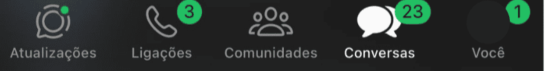 captura de tela da aba inferior do whatsapp, mostrando as opções de atualizações, ligações, comunidades, conversas e você