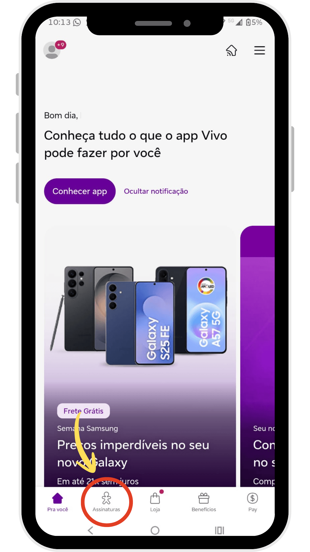 Tela inicial do app Vivo com a opção Assinaturas destacada no menu inferior.