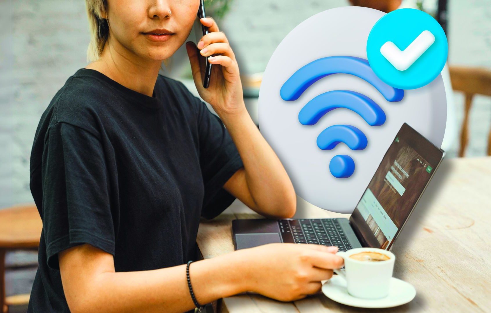 mulher com telefone na mão e notebook na mesa e um sinal de wifi do lado