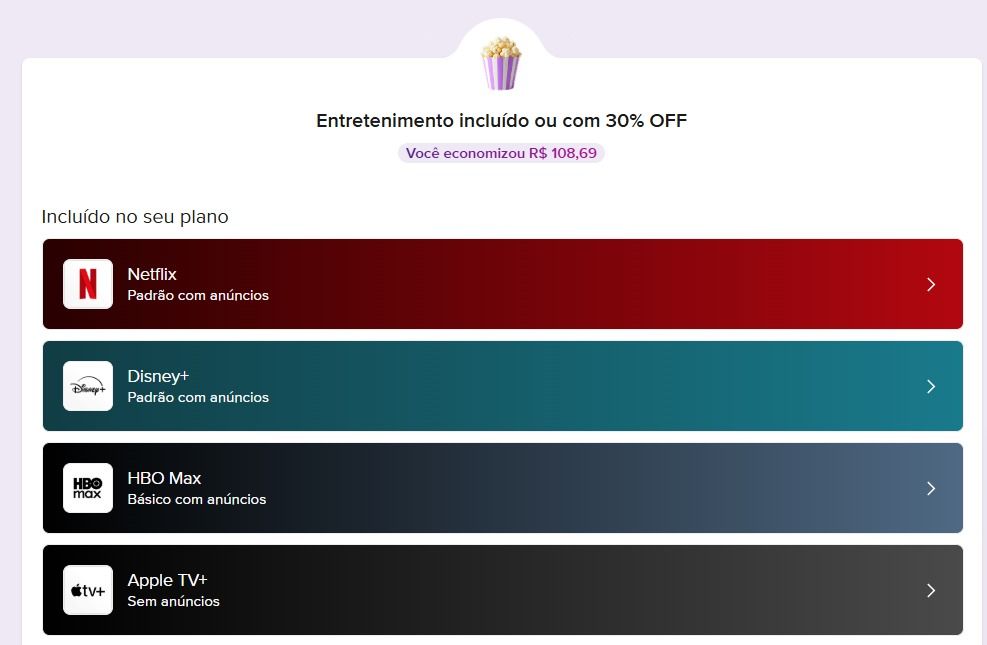 Tela da página do Meli+, programa de assinatura do Mercado Livre, exibindo os serviços de streaming incluídos no plano. No topo, há o texto “Entretenimento incluído ou com 30% OFF” e uma faixa indicando a economia de R$108,69. Abaixo, aparecem quatro opções de streaming disponíveis: Netflix (padrão com anúncios), Disney+ (padrão com anúncios), HBO Max (básico com anúncios) e Apple TV+ (sem anúncios), cada uma com sua logomarca e fundo colorido correspondente.