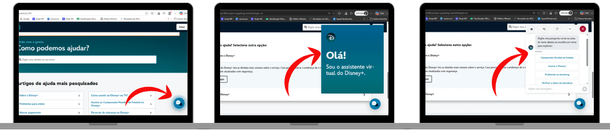 Sequência de capturas de tela da Central de Ajuda do Disney+ mostrando como iniciar um atendimento pelo chat. Na primeira imagem, uma seta destaca o ícone de conversa no canto inferior direito da página. Na segunda, é exibida a janela do assistente virtual do Disney+ após a abertura do chat. Na terceira, o chatbot apresenta opções de atendimento para que o usuário escolha o assunto da solicitação. Setas vermelhas indicam cada etapa do processo.