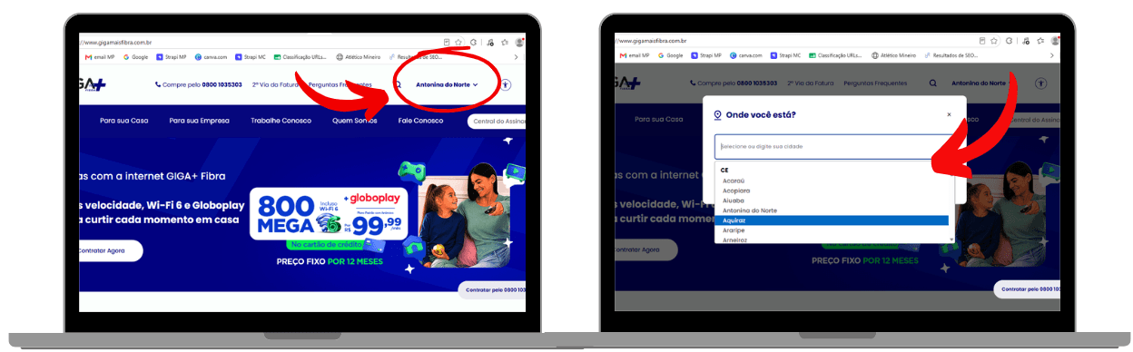 Capturas de tela mostrando como selecionar a cidade no site da Giga+ Fibra para consultar a cobertura e verificar os planos disponíveis no endereço.