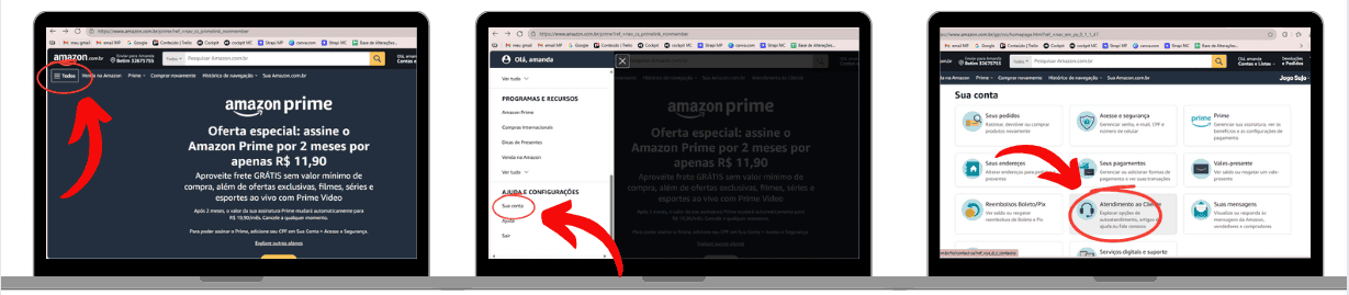 Três telas de notebook mostrando o passo a passo no site da Amazon para acessar o atendimento ao cliente: na primeira, o cursor aponta para 'Todos' no menu superior; na segunda, para 'Sua conta' no menu lateral; e na terceira, dentro da seção 'Sua conta', para a opção 'Atendimento ao cliente'.