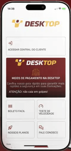 Tela inicial do aplicativo da Desktop exibindo atalhos para a Central do Cliente, emissão de boletos, teste de velocidade, consulta de planos e canal de atendimento.