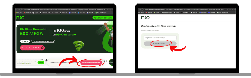 Comparação de duas telas do site da Nio Fibra em notebooks, destacando o botão “Consultar disponibilidade” em vermelho; à esquerda, a página inicial com oferta de plano 500 Mega e, à direita, a tela para consultar cobertura informando o CEP ou endereço.