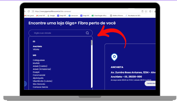 Tela do site da Giga+ Fibra mostrando a busca por lojas físicas, com a seleção da cidade e o endereço da unidade mais próxima.