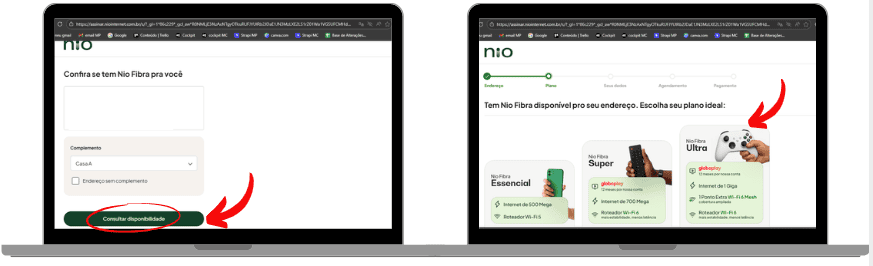 Duas telas do site da Nio Fibra exibidas em notebooks: à esquerda, formulário para consultar a disponibilidade informando endereço e o botão “Consultar disponibilidade” destacado em vermelho; à direita, página com os planos Nio Fibra disponíveis para o endereço, incluindo opções Essencial, Super e Ultra.