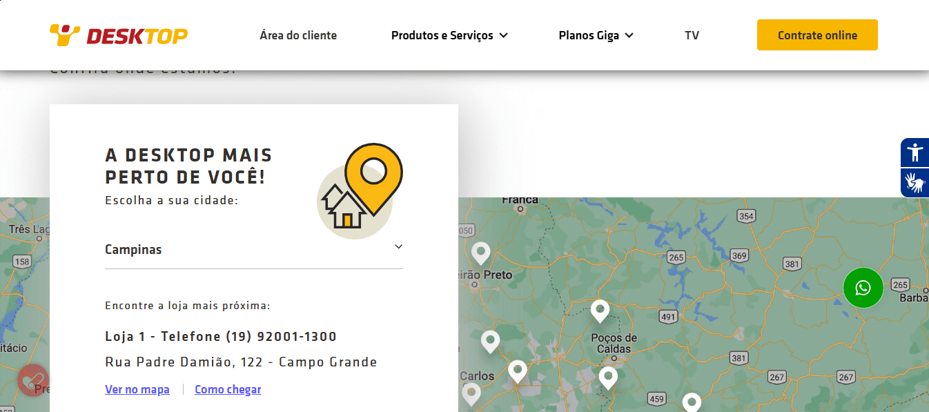 Captura de tela da ferramenta de localização de lojas da Desktop. À esquerda, há um painel com o título "A Desktop mais perto de você!", um campo para selecionar a cidade (Campinas está selecionada) e as informações da filial, incluindo telefone, endereço, além dos links "Ver no mapa" e "Como chegar". À direita, um mapa exibe marcadores indicando as unidades disponíveis na região.