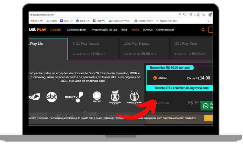 print do site oficial UOL Play na seção de planos