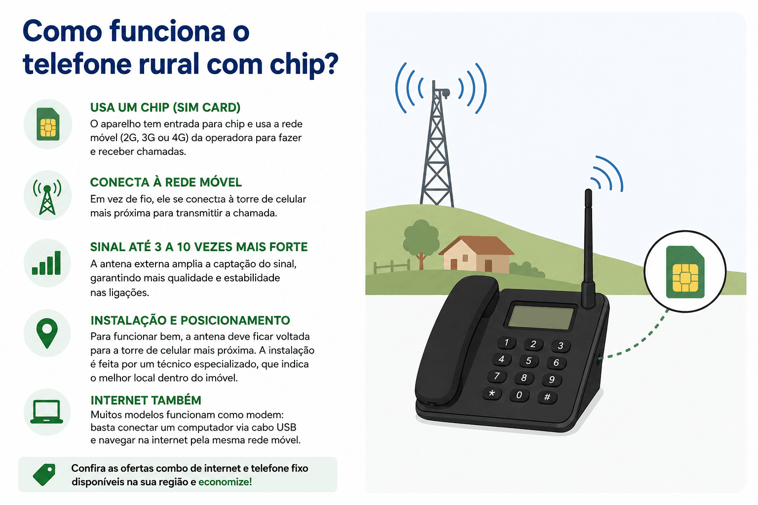 Ilustração mostrando como funciona um telefone rural com chip: o aparelho utiliza um chip de celular e uma antena externa para se conectar à torre da operadora e realizar chamadas sem necessidade de linha telefônica.