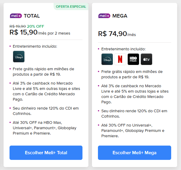 print dos cards Meli+ Total e Meli+ Mega do Meli+