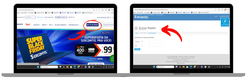 Dois notebooks exibindo telas do site da Sercomtel. O primeiro mostra a página inicial com a opção “2ª Via Boleto” destacada no menu superior. O segundo mostra a área “Acesso Rápido”, onde é possível informar telefone e CPF para consultar contas pendentes.