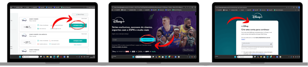 Imagem com três telas de notebook lado a lado mostrando o passo a passo para assinar o Disney+. Na primeira tela, aparece um comparador de planos com a opção “Ir para o site” destacada por uma seta vermelha. Na segunda, a página inicial do Disney+ com o botão “Assine agora” em destaque. Na terceira, a tela de criação de conta do Disney+, solicitando e-mail e informações para continuar o cadastro, também indicada por uma seta vermelha.