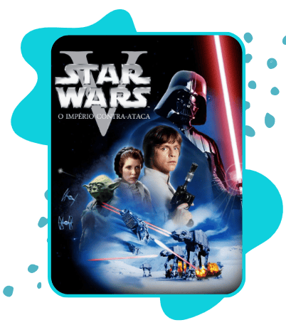 Pôster do filme Star Wars V – O Império Contra-Ataca. Luke Skywalker e a Princesa Leia aparecem em destaque no centro, com Yoda à esquerda. Ao fundo, a figura imponente de Darth Vader com seu sabre de luz vermelho. Na parte inferior, cenas de batalha com AT-ATs caminhando sobre um planeta nevado e naves TIE Fighters ao fundo. O logo Star Wars aparece no topo em letras douradas, seguido do subtítulo "O Império Contra-Ataca".