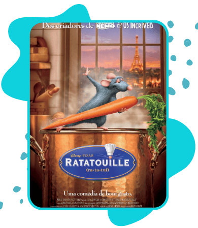 Pôster do filme Ratatouille, da Disney Pixar. O ratinho Remy aparece em cima de uma panela de cobre, segurando uma cenoura com as duas patas erguidas, em pose animada. Ao fundo, uma janela com vista para Paris e a Torre Eiffel. No topo, o texto "Dos criadores de Nemo & Os Incríveis". Na parte inferior, o logo Ratatouille com a pronúncia "(ra-ta-tui)" e o slogan "Uma comédia de bom gosto." Sonnet 4.6