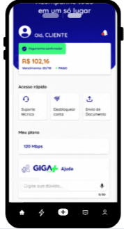 Tela inicial do aplicativo Giga+ Fibra exibindo atalhos para suporte técnico, desbloqueio de conta, envio de documentos, informações do plano contratado e campo de ajuda.