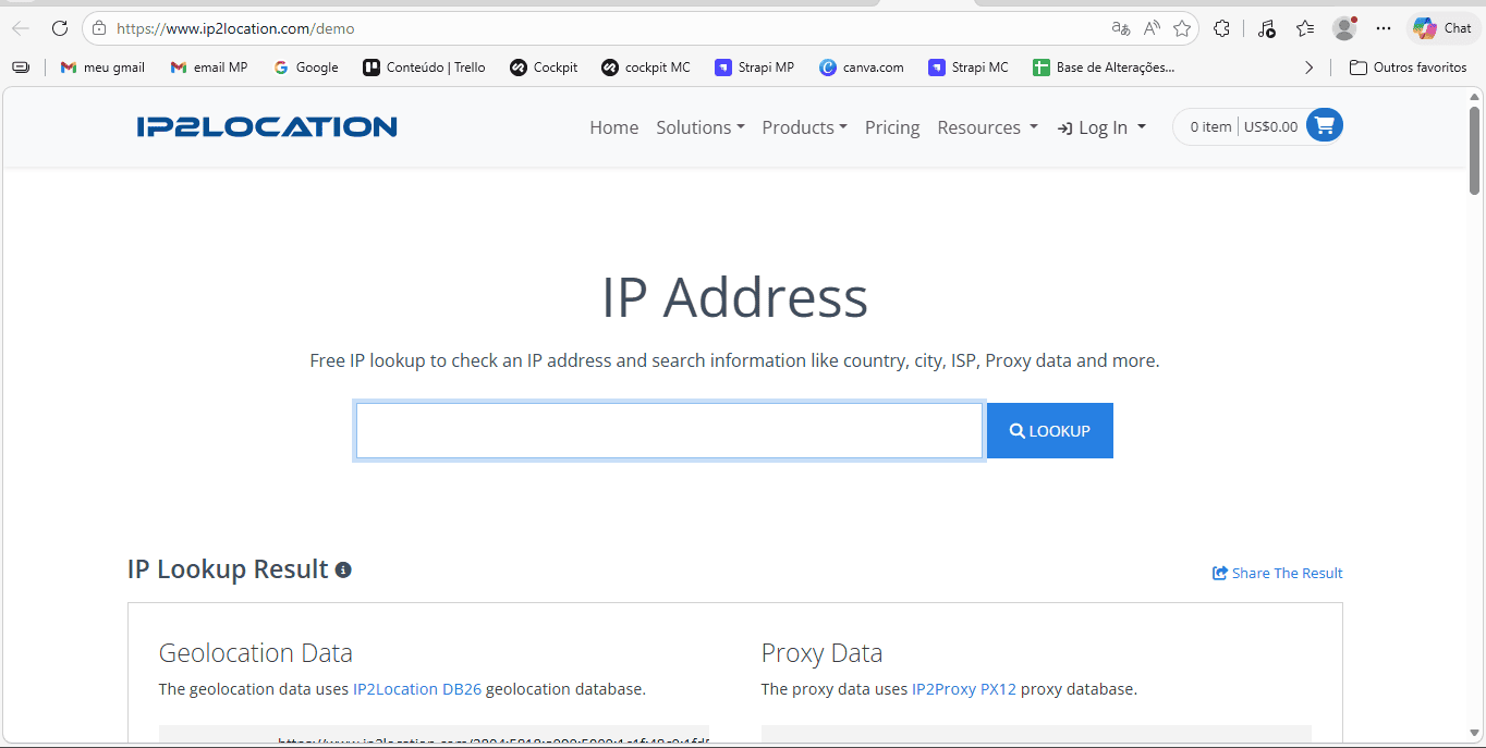 Página da ferramenta IP2Location mostrando um campo de busca para consultar um endereço IP, com botão “Lookup” ao lado. Abaixo, a página exibe a seção “IP Lookup Result”, com informações de geolocalização e dados de proxy associados ao endereço IP pesquisado.