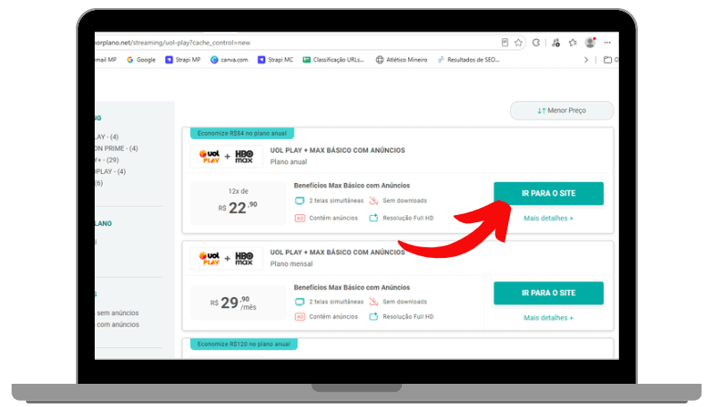 print do comparador do melhor plano com ofertas UOL Play + HBO Max