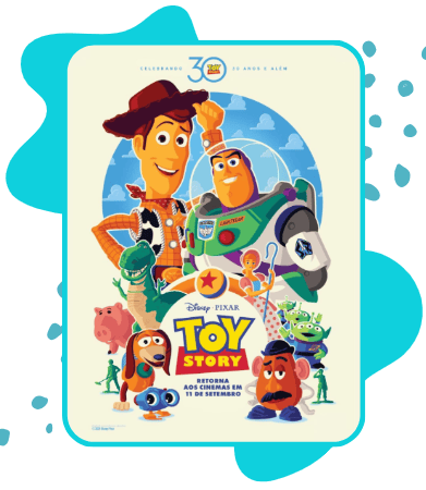 Pôster comemorativo de 30 anos do filme Toy Story, da Disney Pixar. Woody e Buzz Lightyear aparecem em destaque no centro, em estilo ilustrado retrô. Ao redor deles, outros personagens como Rex, Hamm, Slinky, Sr. Cabeça de Batata, os Alienígenas e soldadinhos verdes. O fundo é claro com tons de azul e amarelo. No topo, a inscrição "Celebrando 30 anos e além". Na parte inferior, o logo Toy Story e a frase "Retorna aos cinemas em 11 de setembro".