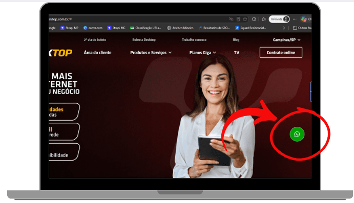 Captura de tela do site da Desktop em um notebook, destacando o botão flutuante do WhatsApp no canto inferior direito para atendimento ao cliente.