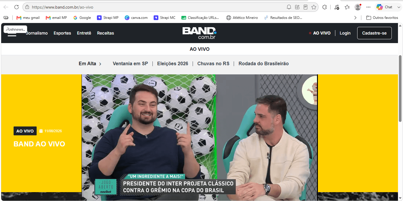 print do site oficial Band na seção de programação ao vivo