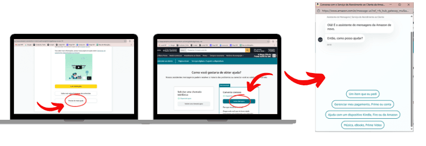 Três telas mostram o passo a passo para iniciar o chat de atendimento da Amazon. Na primeira, uma seta vermelha destaca o botão “Fale com o Atendimento ao Cliente” na página de ajuda. Na segunda, outra seta aponta para a opção “Iniciar chat agora” no site da Amazon. Na terceira, aparece a janela do chat em funcionamento, com a mensagem inicial do assistente e opções de resposta como “Um item que eu pedi”, “Gerenciar meu pagamento, Prime ou conta” e “Ajuda com um dispositivo Kindle, Fire ou do Amazon Music, eBooks, Prime Video”.