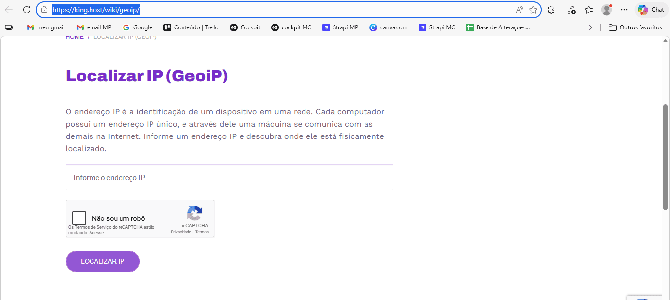 Tela da ferramenta de localização de IP (GeoIP) do site King Host. A página mostra um título “Localizar IP (GeoIP)”, um campo para inserir o endereço IP, um reCAPTCHA “Não sou um robô” e um botão roxo “Localizar IP” para consultar a localização aproximada do endereço informado.