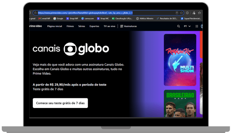 Tela da plataforma Prime Video exibindo a página de assinatura dos Canais Globo, com destaque para o Multishow e o Brasileirão.