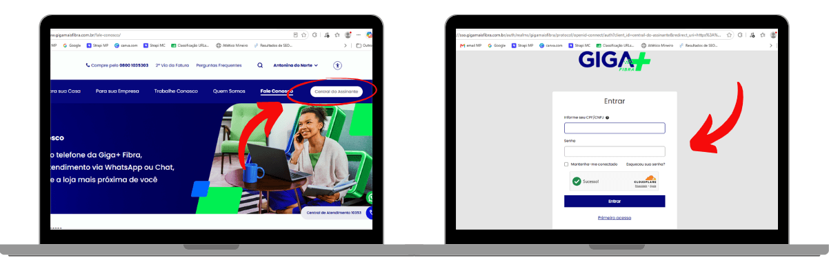 Capturas de tela do site da Giga+ Fibra mostrando o acesso à Central do Assinante e a tela de login do portal de autoatendimento.