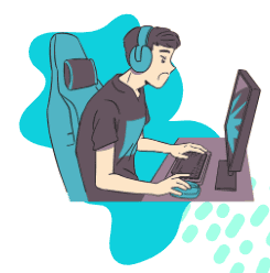 Ilustração de um gamer sentado em cadeira gamer, usando fone de ouvido e jogando no computador com teclado e mouse.