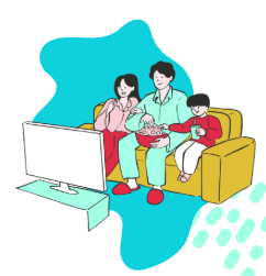 Ilustração de uma família sentada no sofá assistindo à TV, com adultos e crianças utilizando dispositivos eletrônicos em casa.