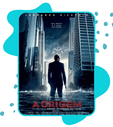 Cartaz do filme ‘AORIGEM’, inspirado em Inception, mostrando um homem de costas caminhando em uma rua alagada entre arranha-céus modernos. O cenário tem tons escuros e azulados, com atmosfera dramática e futurista. A imagem está dentro de uma moldura branca arredondada com detalhes decorativos em azul-turquesa ao redor.