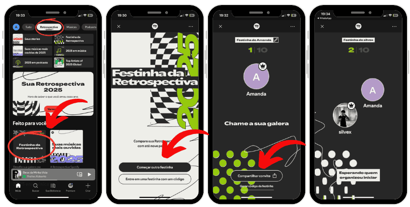 Montagem com quatro telas de celular mostrando o passo a passo para entrar na “Festinha da Retrospectiva 2025” no Spotify. A primeira tela destaca a aba “Retrospectiva” e a opção “Festinha da Retrospectiva”. A segunda mostra a página inicial da Festinha, com o botão “Começar outra festinha”. A terceira exibe uma sala criada por Amanda, com o texto “Chame a sua galera” e o botão “Compartilhar convites”. A quarta mostra outra sala, agora criada por “silvex”, com Amanda e o criador da sala, e o texto “Esperando quem organizou iniciar”.