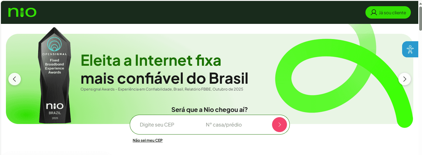 print da home do site oficial Nio Fibra com o compo de consulta de disponibilidade por cep