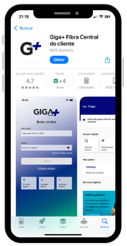Captura de tela de um iPhone exibindo a página do aplicativo “Giga+ Fibra Central do Cliente” na App Store. A tela mostra o nome do app, a avaliação de 4,7 estrelas, a classificação indicativa de 4+, a categoria “Utilidades” e o desenvolvedor “NDS Sumicity”. A imagem do aplicativo mostra a tela inicial com o logotipo “GIGA+”, campos para login com CPF ou e-mail e senha, além de botões de acesso e opções de serviços no rodapé.
