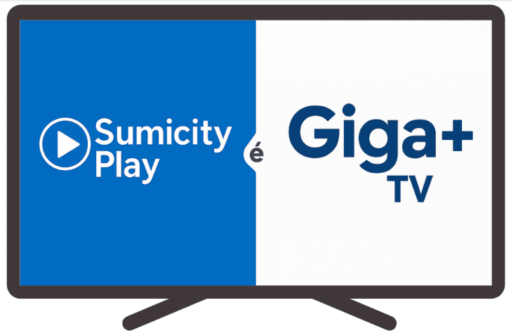 Imagem dividida em duas metades: à esquerda, fundo azul com o logotipo “Sumicity Play” acompanhado de um ícone de play branco; à direita, fundo branco com o logotipo “Giga+ TV” em azul escuro. No centro, a palavra “é” indica a transição de marca — representando que o Sumicity Play agora se chama Giga+ TV.