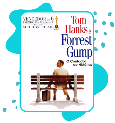 Capa do filme Forrest Gump: O Contador de Histórias, com Tom Hanks sentado em um banco de praça ao lado de uma mala. O título aparece em vermelho e azul sobre fundo branco, com destaque para a frase ‘Vencedor de 6 prêmios da Academia® Melhor Filme’ no topo.