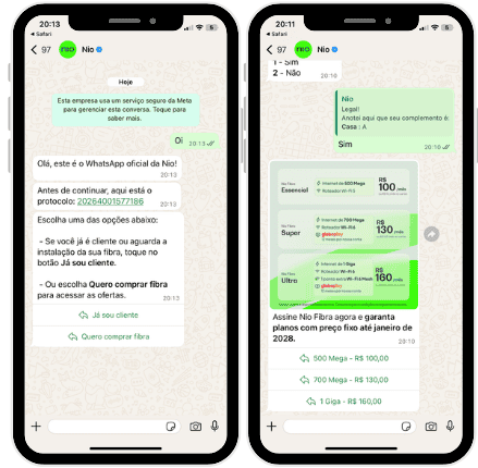 Captura de tela de uma conversa no WhatsApp com o atendimento oficial da Nio Internet. À esquerda, o chatbot apresenta opções de atendimento e contratação de fibra. À direita, são exibidos planos de internet fibra com velocidades de 100 Mb, 130 Mb e 160 Mb, incluindo valores mensais, com destaque em verde para um dos planos.