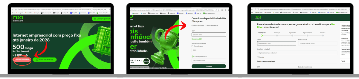Montagem com três telas de notebook mostrando o processo de contratação online da Nio Empresas: na primeira, a página inicial com o botão “Consultar cobertura”; na segunda, o formulário para verificar disponibilidade informando CEP e endereço; na terceira, a tela de cadastro com dados da empresa para concluir a contratação do plano empresarial Nio Fibra.