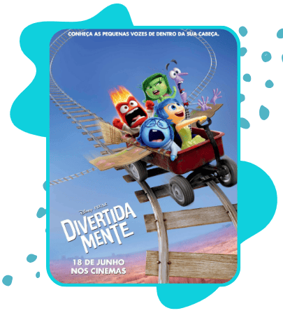Pôster do filme Divertida Mente, da Disney Pixar. As cinco emoções — Raiva (vermelho, com chamas na cabeça), Nojinho (verde), Alegria (amarela), Tristeza (azul) e Medo (roxo) — aparecem em um carrinho vermelho sobre trilhos de montanha-russa, com expressões de agitação e surpresa. O fundo tem tons de céu azul e laranja. No topo, o texto "Conheça as pequenas vozes de dentro da sua cabeça." Na parte inferior, o logo Divertida Mente e a data "18 de Junho nos Cinemas". Sonnet 4.6