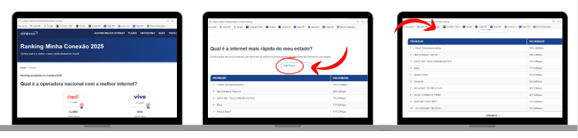 Imagem com três telas de notebook exibindo o site Ranking Minha Conexão 2025. A primeira tela mostra a página inicial do ranking com operadoras de internet. A segunda destaca a opção para selecionar o estado e descobrir qual é a internet mais rápida da região, com setas vermelhas indicando o filtro. A terceira tela apresenta uma tabela de provedores e velocidades após a aplicação do filtro, também com seta vermelha destacando a área selecionada.