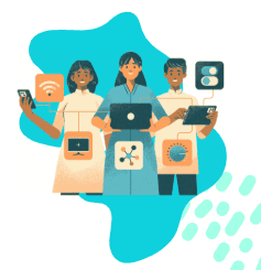 Ilustração de um grupo de pessoas utilizando diferentes dispositivos conectados à internet, representando uso simultâneo da rede em uma casa com vários moradores.