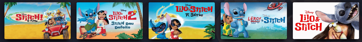 Capa de produções da franquia Lilo & Stitch no Disney+. Da esquerda para a direita: Stitch! O Filme, Lilo & Stitch 2: Stitch Deu Defeito, Lilo & Stitch: A Série, Leroy & Stitch e o live-action Lilo & Stitch.