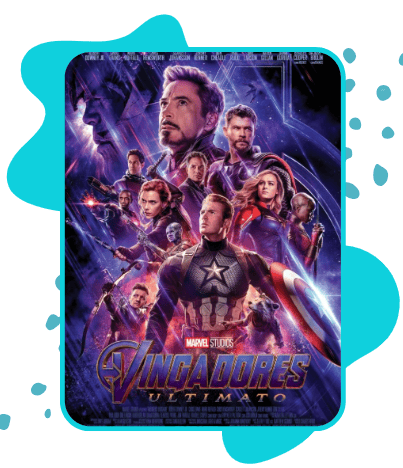Pôster do filme Vingadores: Ultimato, da Marvel Studios. Diversos super-heróis aparecem em composição dramática sobre fundo roxo e azul escuro. Capitão América está em destaque no centro, com o escudo à mostra. Ao redor dele, heróis como Homem de Ferro, Thor, Viúva Negra, Capitã Marvel e outros compõem o grupo. Ao fundo, a silhueta imponente de Thanos. Na parte inferior, o logo Vingadores: Ultimato em letras douradas e roxas.