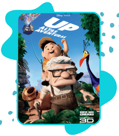 Pôster do filme Up – Altas Aventuras, da Disney Pixar. O senhor Fredricksen, um idoso de óculos e bengala, aparece no centro com Russell, um menino escoteiro, em cima de seus ombros. Ao lado, o pássaro colorido Kevin e o cachorro Dug ao fundo. No alto, a casa flutuante sustentada por milhares de balões coloridos. Vegetação tropical ao redor. No topo, o logo Up – Altas Aventuras. No canto inferior direito, as informações "Breve nos Cinemas" e o selo Disney Digital 3D. Sonnet 4.6