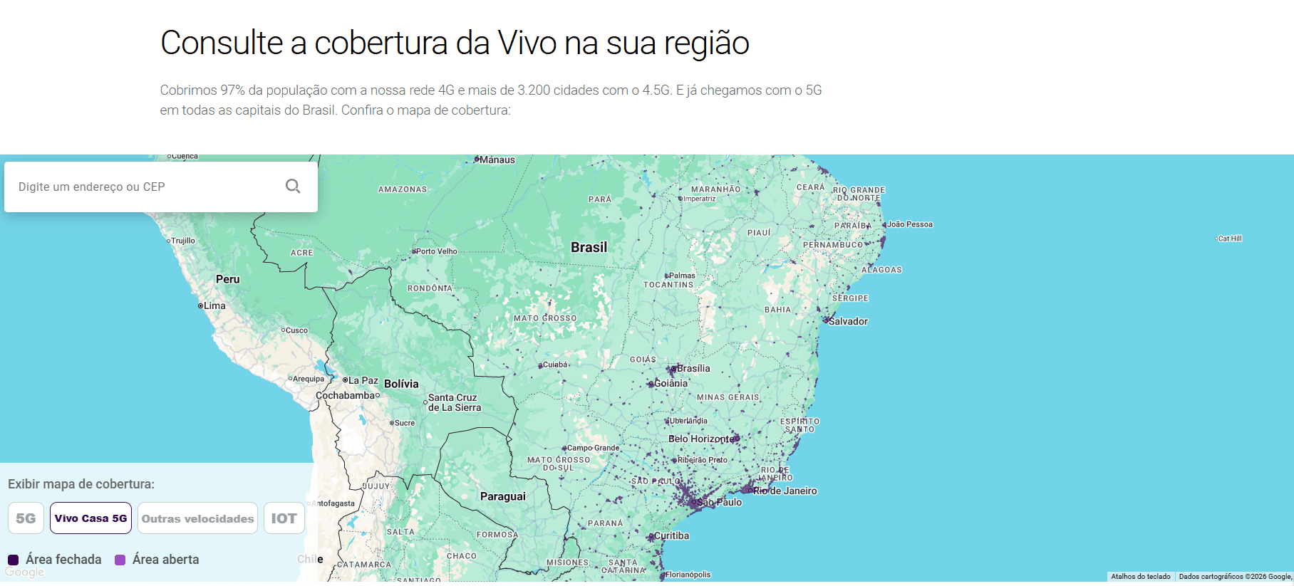 Mapa interativo destacando a cobertura da Vivo no Brasil, com opções para consulta de redes 2G, 3G, 4G, 4.5G e 5G.