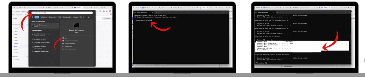 Montagem com três telas mostrando o processo para descobrir o endereço IP no Windows: primeiro a busca pelo Prompt de Comando no menu iniciar, depois a abertura do terminal com o comando ipconfig, e por fim a tela destacando o Endereço IPv4 exibido nos resultados.