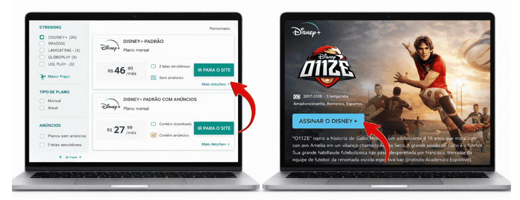 Imagem com fundo branco mostrando dois notebooks lado a lado. À esquerda, tela com página de comparação de planos do Disney+, destacando preços e botão “Ir para o site”. À direita, tela do Disney+ exibindo a série O11ZE com botão “Assinar o Disney+”. Setas vermelhas conectam os botões das duas telas, indicando a jornada do usuário.
