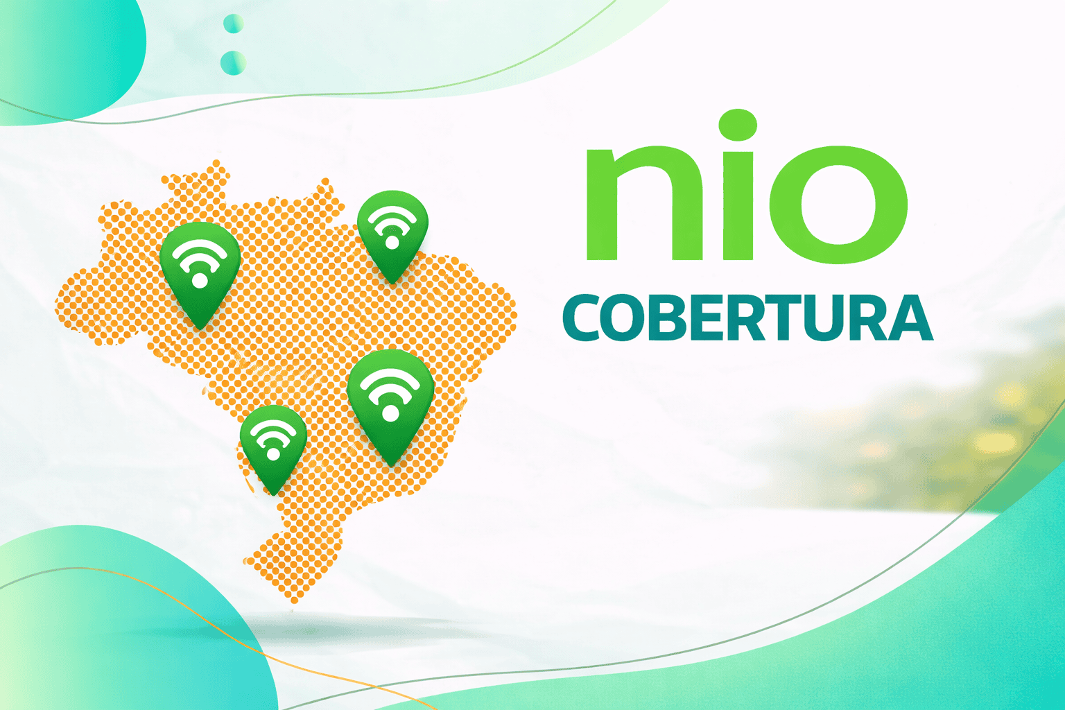 thumb - cobertura Nio Fibra. Imagem com mapa do brasil, pontos de WiFi, com escrita lateral "nio Cobertura"
